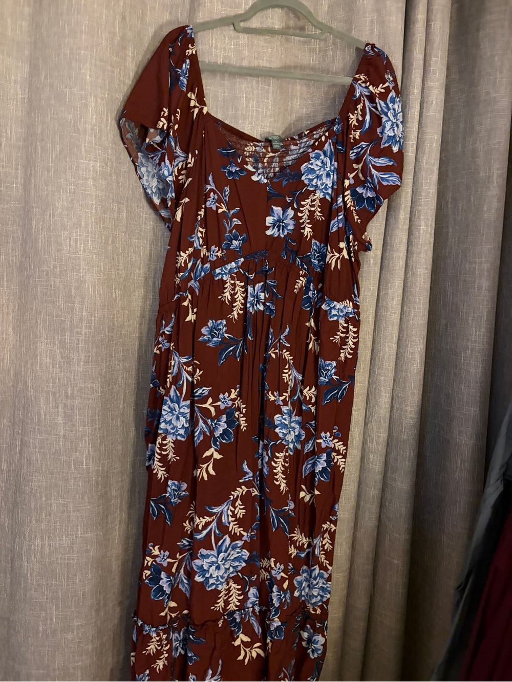 Terra & Sky Rust Floral Midi Dress with Blue and Cream Flowers